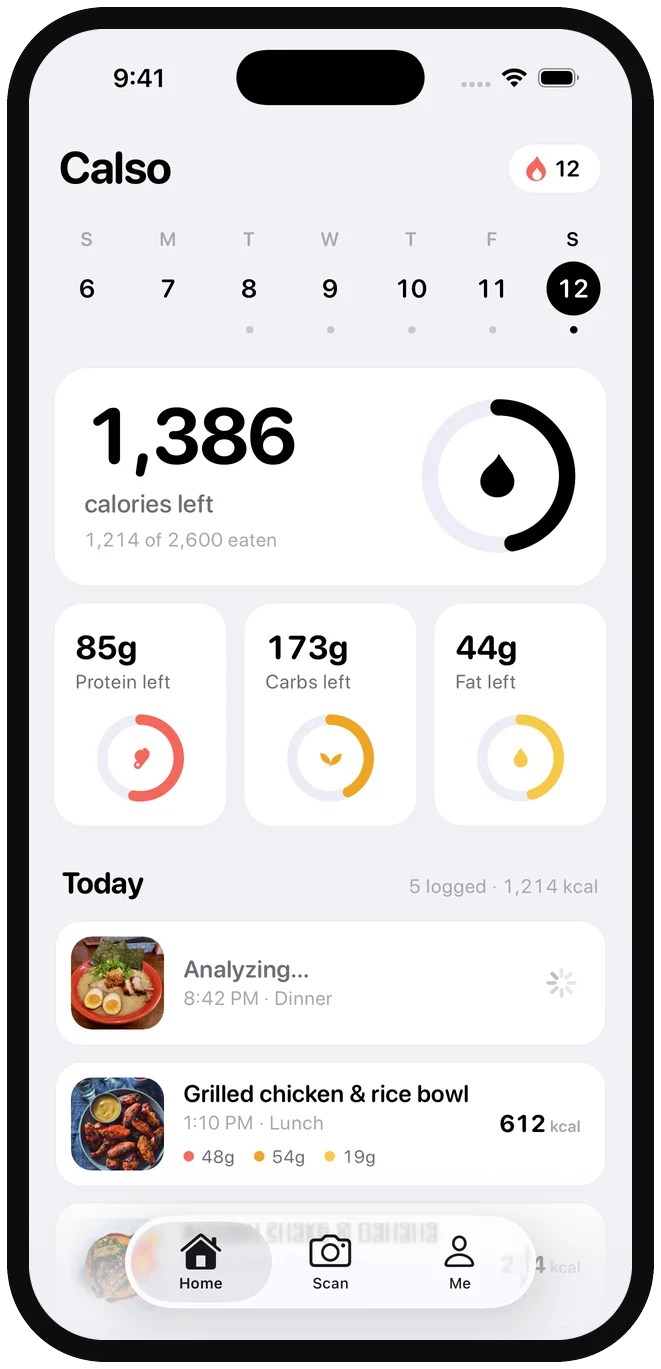 The Calso home screen showing calories and macros left for the day