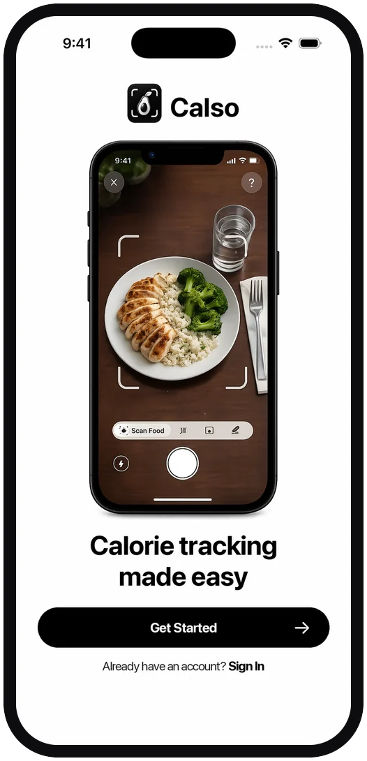 The Calso welcome screen, with the scanner framing a plate of chicken, rice and broccoli